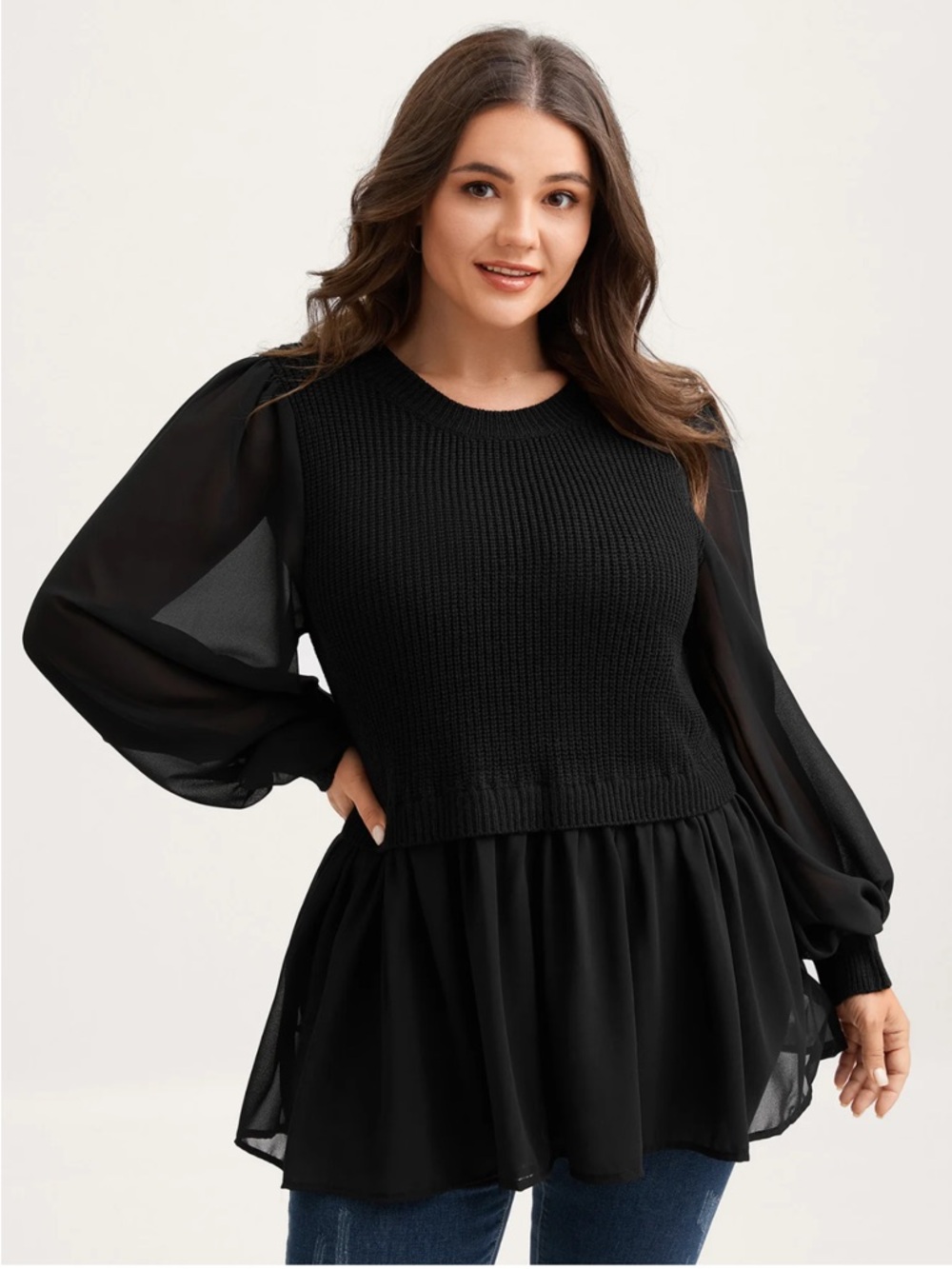 Balloon Sleeve Solid Twofer Sweater - Picture 6 of 11